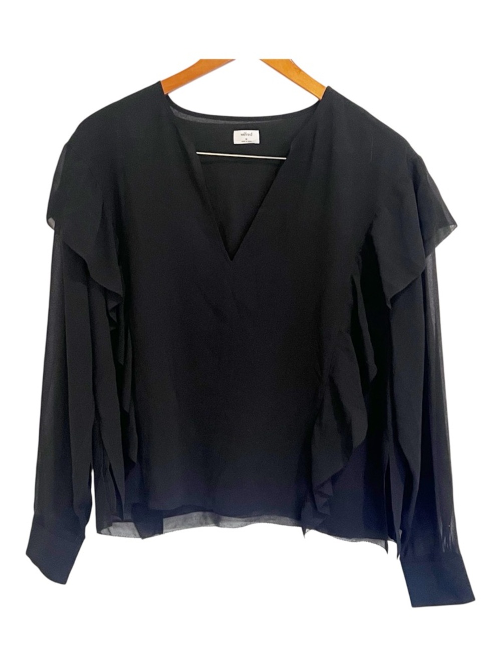 EUC Aritzia Wilfred Balck Chiffon Split V neck Long Sleeve Ruffle Blouse
